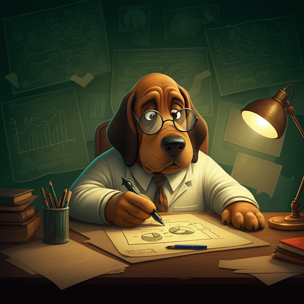 Illustration of Barkley the Hound intensely focused on crafting his strategy plan, showcasing his intelligence and expertise in passive income strategies and simplified trading strategies. The scene highlights Barkley's smart and concentrated demeanor as he works with a pen on a large sheet of paper, surrounded by charts and diagrams. Dark green and orange colors enhance the atmosphere of sophistication and creativity.