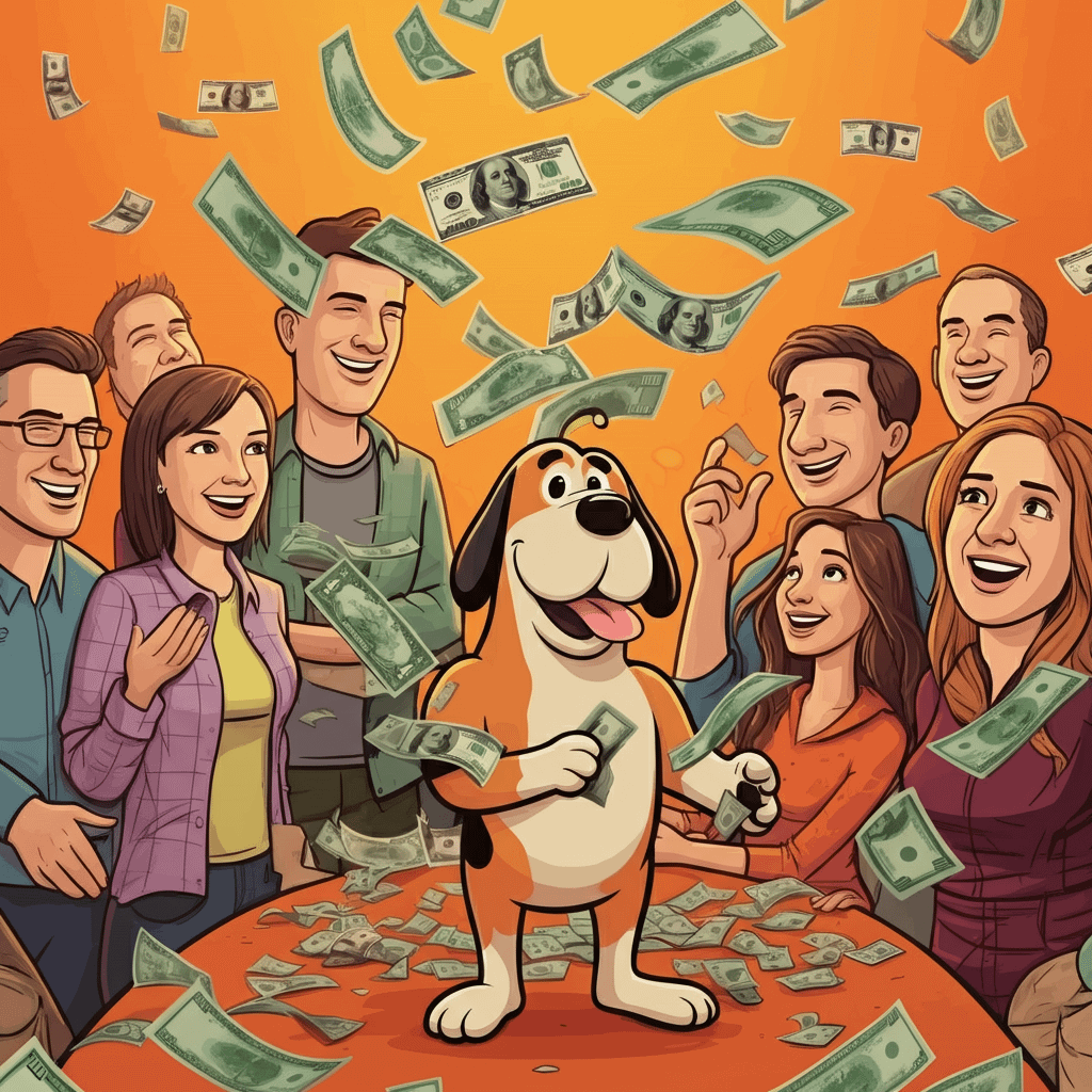 Barkley The Bullish Hound surrounded by a joyful group of people, all celebrating their financial success through passive income strategies and simplified trading strategies, showcasing a supportive and uplifting community focused on growth and collaboration.