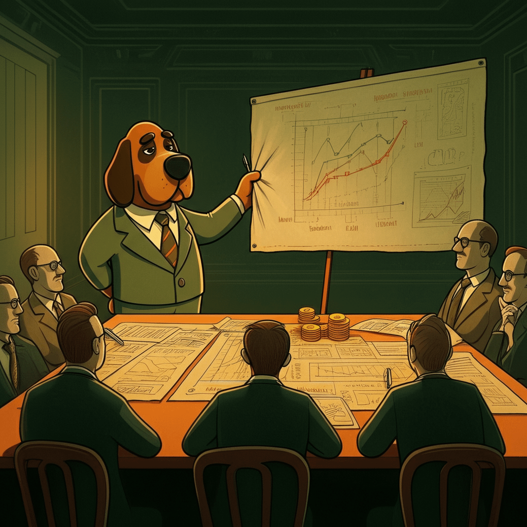 Illustration of Barkley the Hound confidently revealing his strategy plan to a group of relaxed investors, showcasing trust in his effective passive income strategies and simplified trading strategies. The scene features a warm and reassuring atmosphere with dark green and orange colors, symbolizing reliability and success.